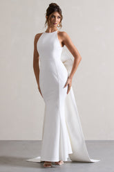 White Open-Back Maxi Dress With Oversized White Bow